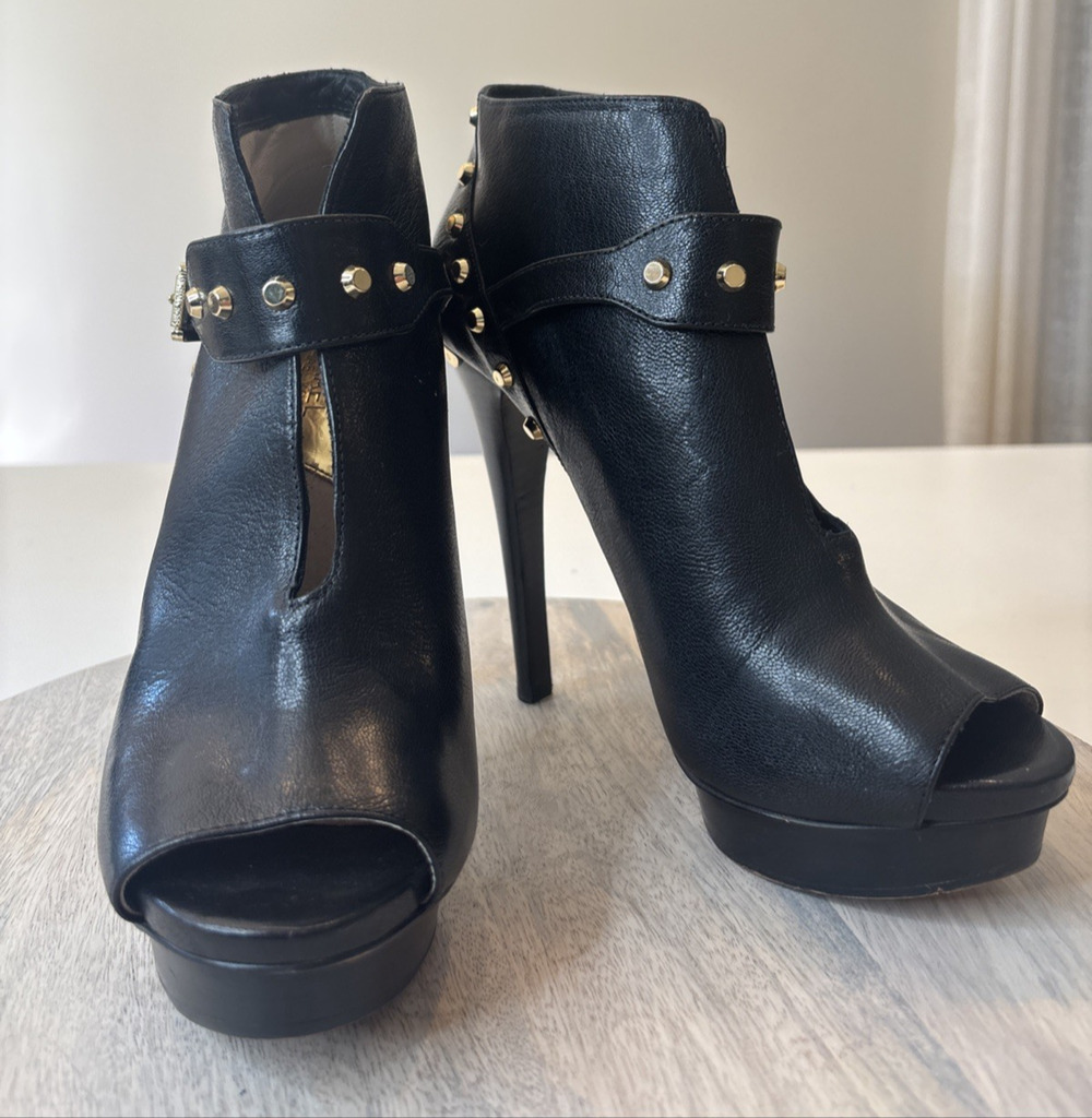 Michael Kors Ailee Black Leather Studded Platform Peep Toe Stiletto Booties 9.5